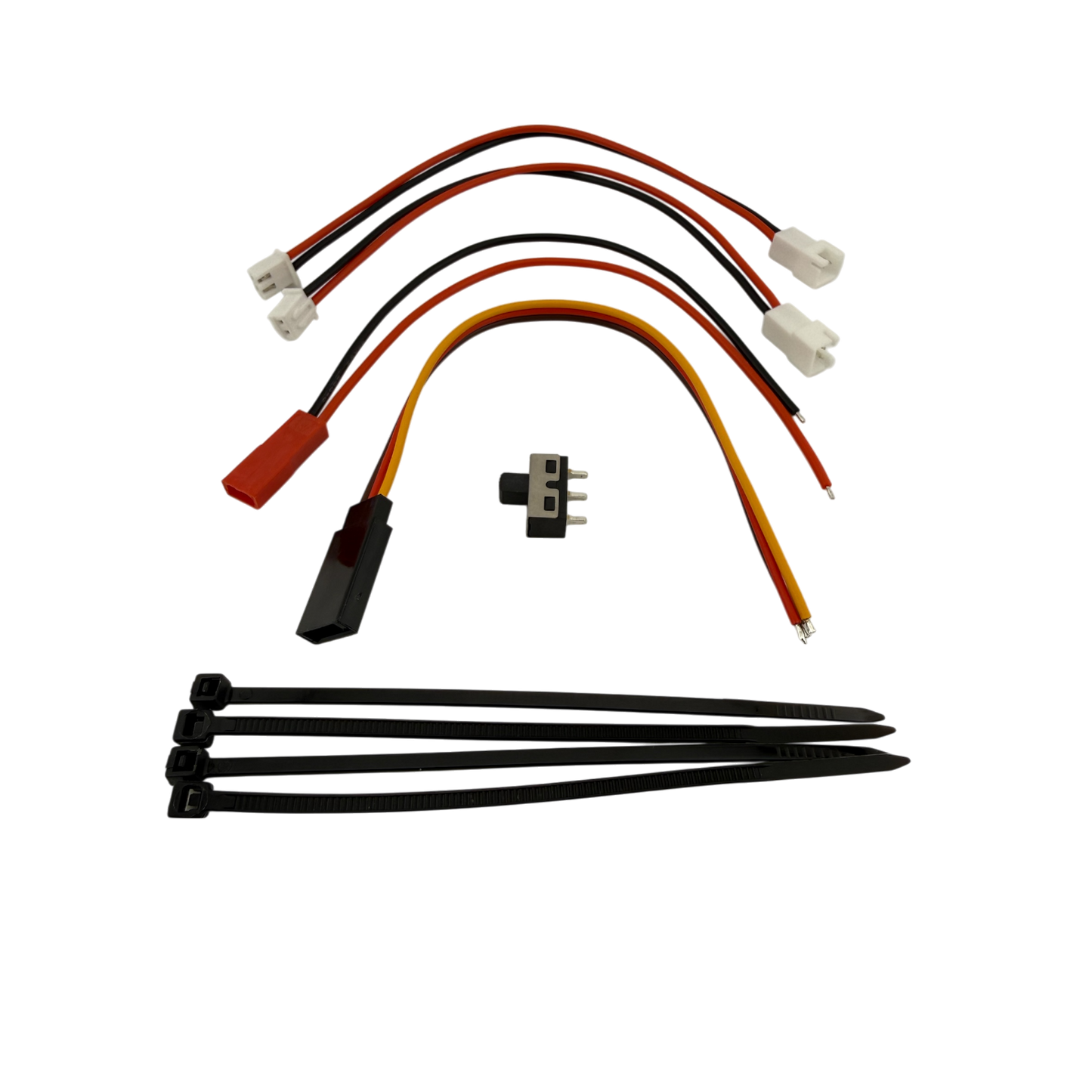 Switch, Zip Ties, Motor, Battery, and Servo Connectors