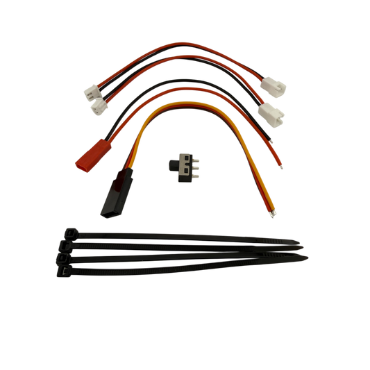 Switch, Zip Ties, Motor, Battery, and Servo Connectors